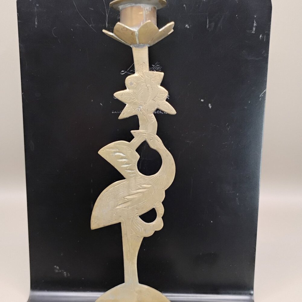 vintage brass taper candle stick holder with crane bird and floral design China